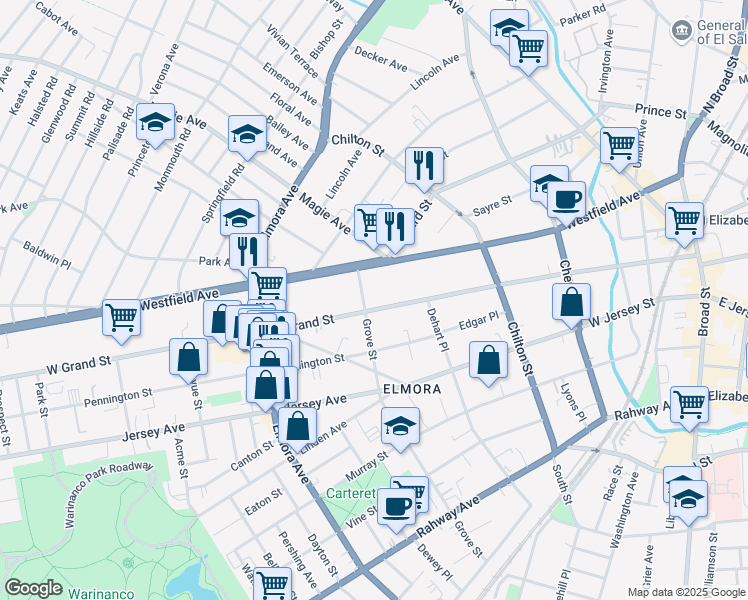 map of restaurants, bars, coffee shops, grocery stores, and more near 345 West Grand Street in Roselle