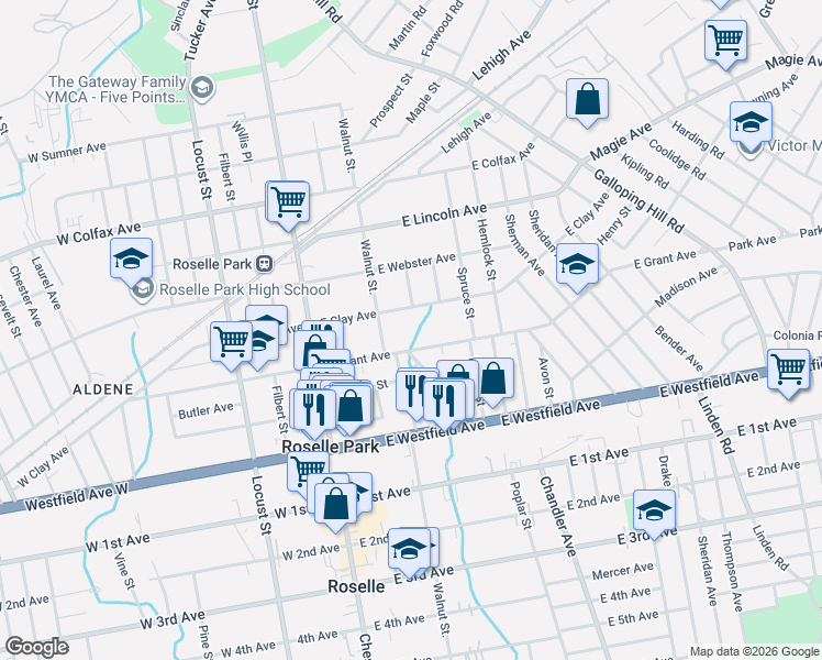 map of restaurants, bars, coffee shops, grocery stores, and more near 133 East Grant Avenue in Roselle Park