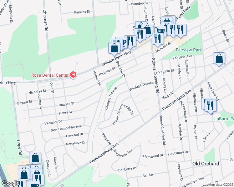 map of restaurants, bars, coffee shops, grocery stores, and more near 4313 Winfield Terrace in Easton