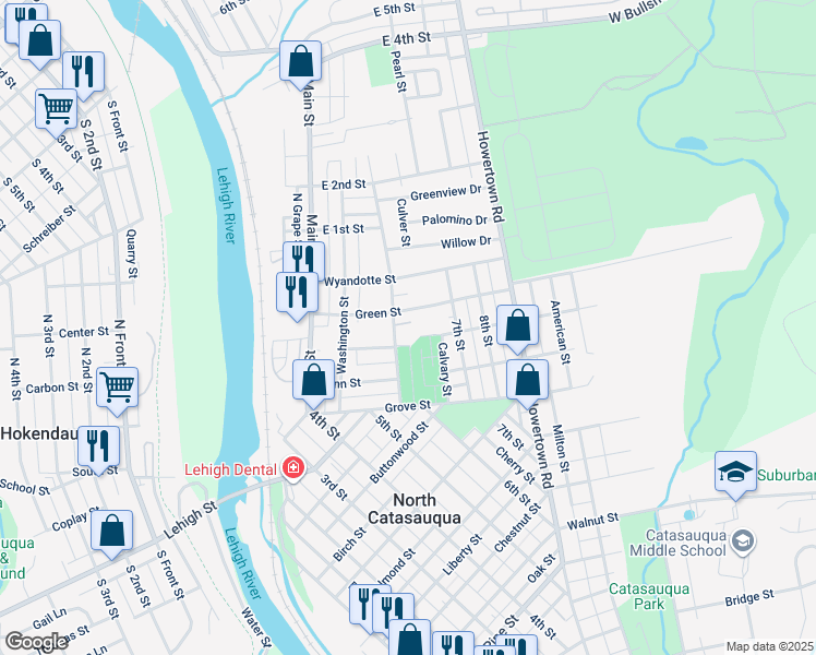 map of restaurants, bars, coffee shops, grocery stores, and more near 1503 Lincoln Street in Catasauqua