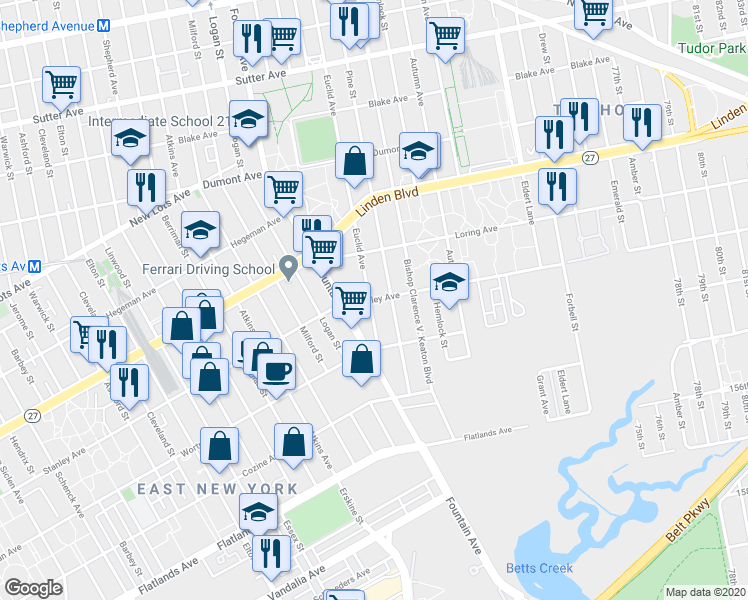 map of restaurants, bars, coffee shops, grocery stores, and more near 1098 Stanley Avenue in Brooklyn