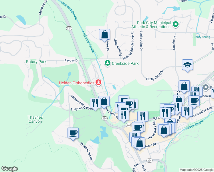 map of restaurants, bars, coffee shops, grocery stores, and more near 595 Windrift Lane in Park City