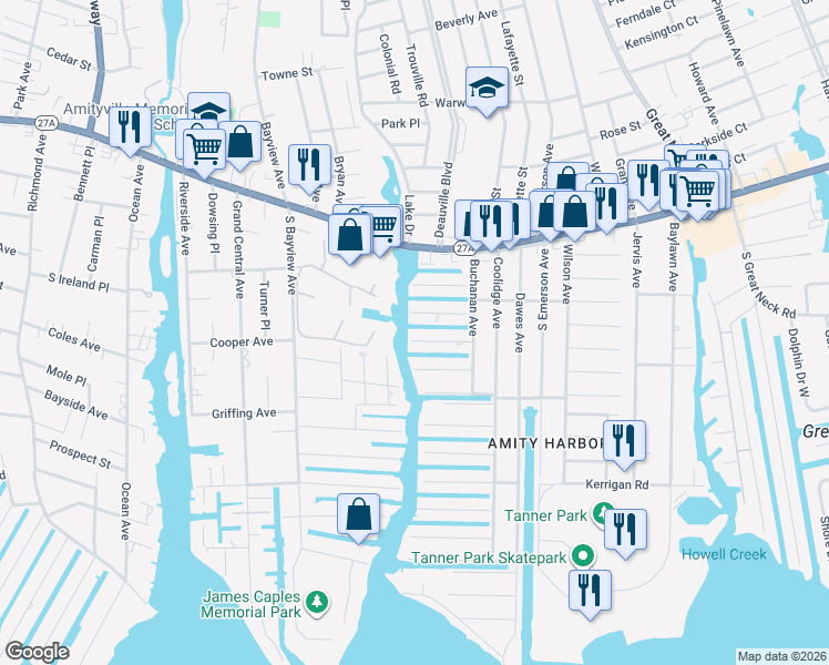 map of restaurants, bars, coffee shops, grocery stores, and more near 33 Cape Road in Amityville