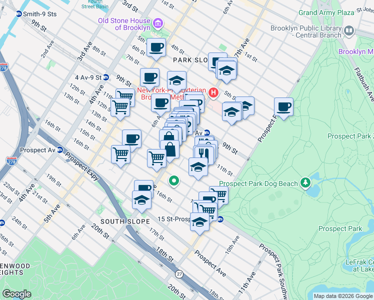 map of restaurants, bars, coffee shops, grocery stores, and more near 528 11th Street in Brooklyn