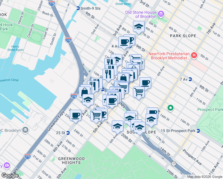 map of restaurants, bars, coffee shops, grocery stores, and more near 201 Prospect Avenue in Brooklyn