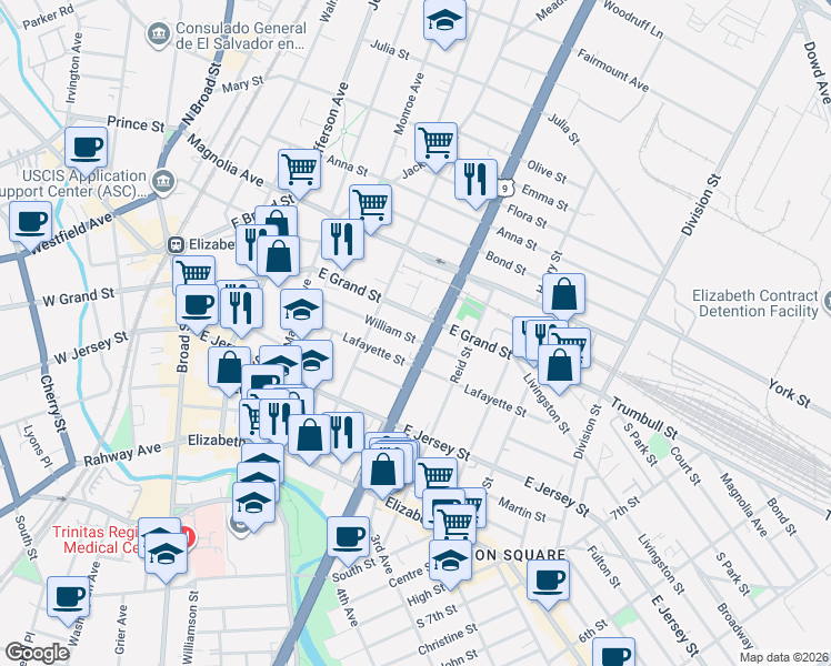 map of restaurants, bars, coffee shops, grocery stores, and more near 1018 William Street in Elizabeth