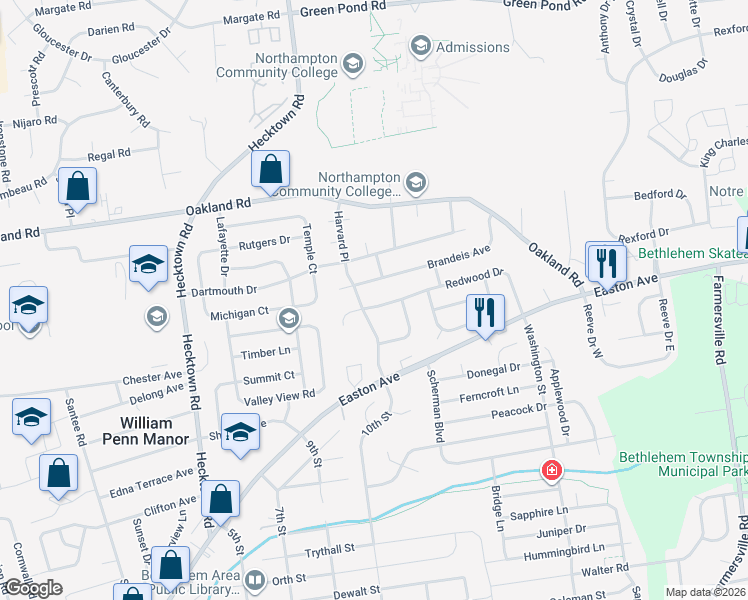 map of restaurants, bars, coffee shops, grocery stores, and more near 3789 Redwood Court in Bethlehem