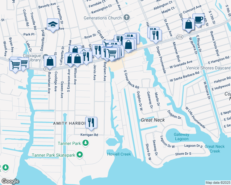 map of restaurants, bars, coffee shops, grocery stores, and more near 112 Mariners Way in Copiague