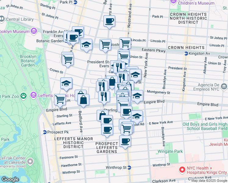 map of restaurants, bars, coffee shops, grocery stores, and more near 372 Montgomery Street in Brooklyn