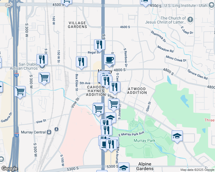 map of restaurants, bars, coffee shops, grocery stores, and more near 4919 South State Street in Murray