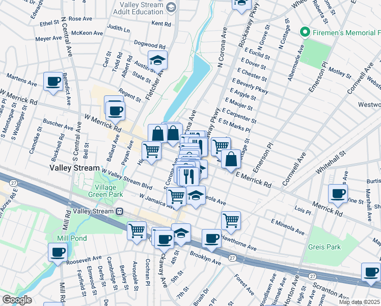 map of restaurants, bars, coffee shops, grocery stores, and more near 21 West Merrick Road in Valley Stream