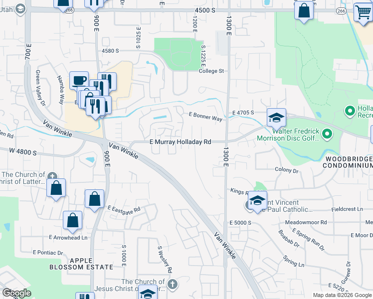 map of restaurants, bars, coffee shops, grocery stores, and more near 1176 East Murray Holladay Road in Salt Lake City