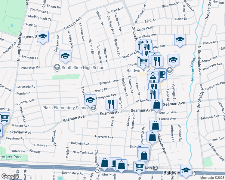 map of restaurants, bars, coffee shops, grocery stores, and more near 605 Tennyson Avenue in Baldwin
