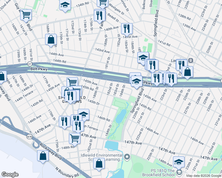 map of restaurants, bars, coffee shops, grocery stores, and more near 182-16 145th Avenue in Queens