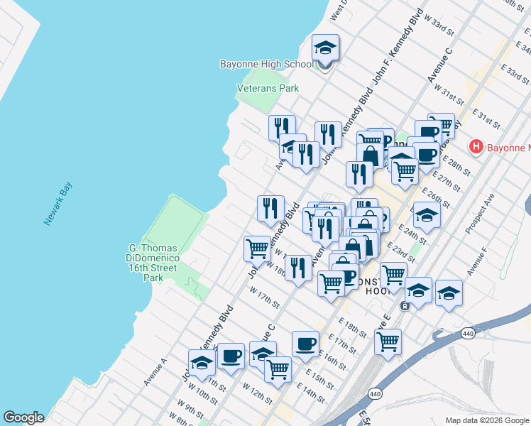 map of restaurants, bars, coffee shops, grocery stores, and more near 133 West 20th Street in Bayonne