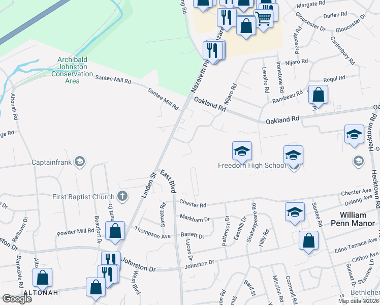 map of restaurants, bars, coffee shops, grocery stores, and more near 1744 Falcon Drive in Bethlehem