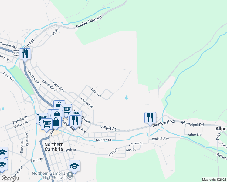map of restaurants, bars, coffee shops, grocery stores, and more near 716 Oak Street in Northern Cambria