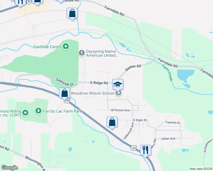 map of restaurants, bars, coffee shops, grocery stores, and more near 107 South Inglewood Drive in East Peoria