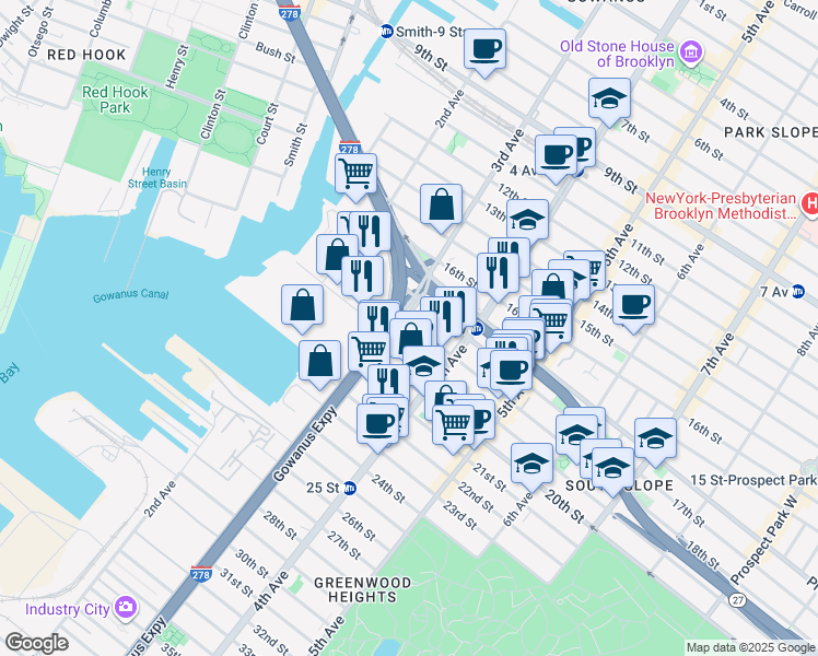 map of restaurants, bars, coffee shops, grocery stores, and more near 145 18th Street in Brooklyn
