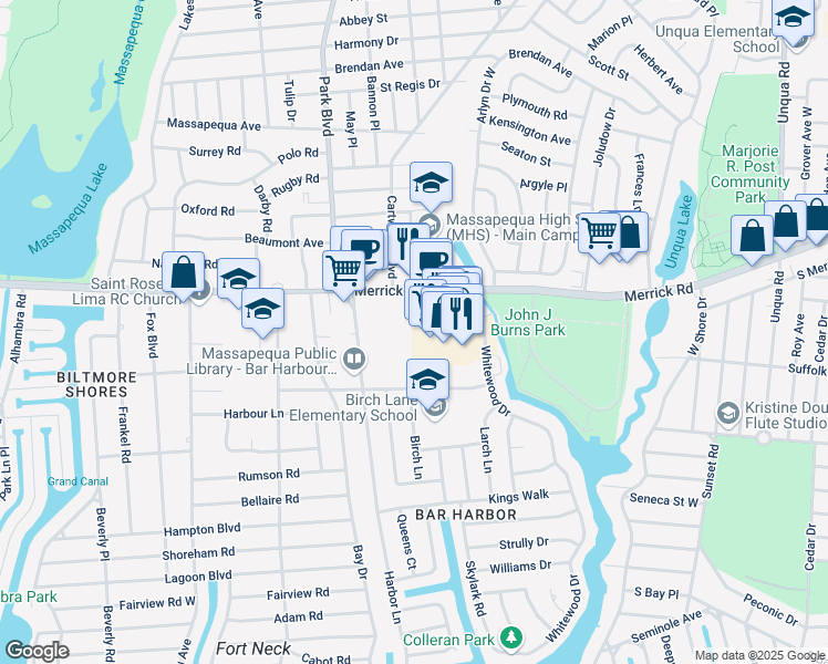 map of restaurants, bars, coffee shops, grocery stores, and more near 4940 Merrick Road in Massapequa Park