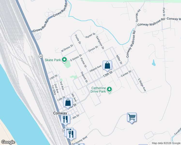 map of restaurants, bars, coffee shops, grocery stores, and more near 1325 Porter Street in Conway