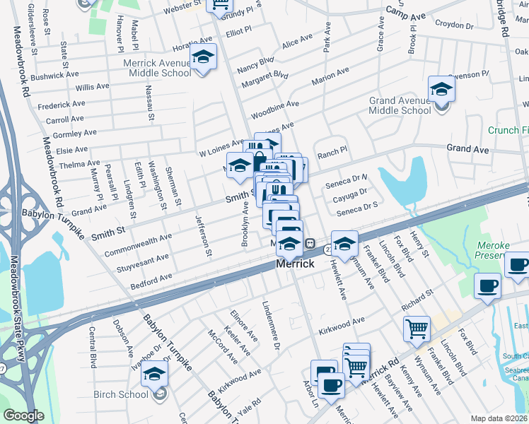 map of restaurants, bars, coffee shops, grocery stores, and more near 10 Oakwood Avenue in Merrick