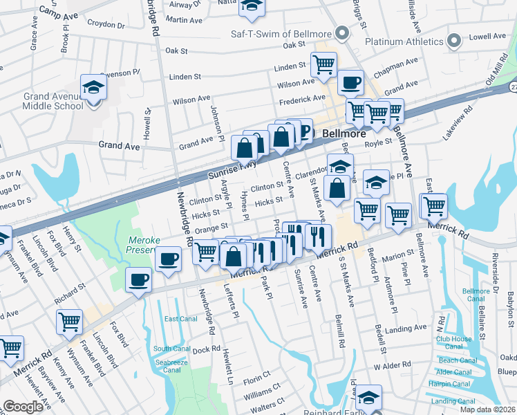 map of restaurants, bars, coffee shops, grocery stores, and more near 2546 Hicks Street in Bellmore
