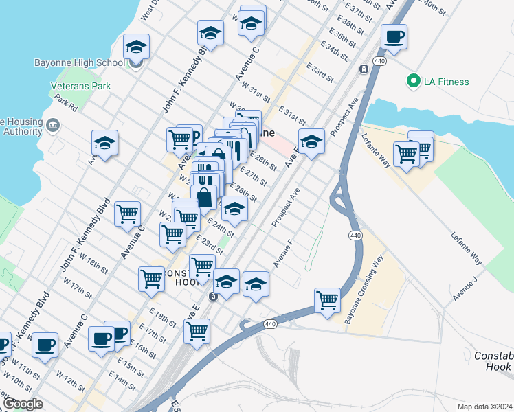 map of restaurants, bars, coffee shops, grocery stores, and more near 343 Avenue E in Bayonne