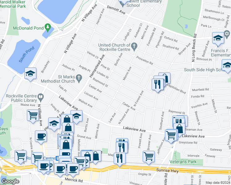 map of restaurants, bars, coffee shops, grocery stores, and more near 90 Raymond Street in Rockville Centre