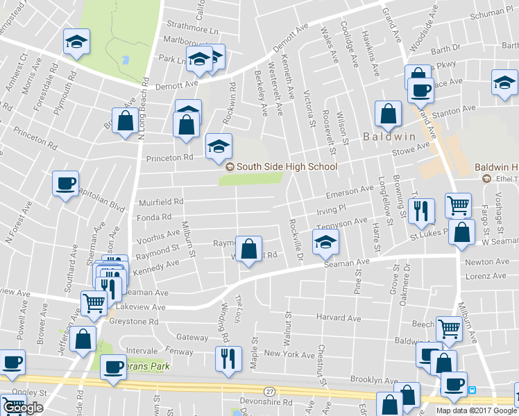 map of restaurants, bars, coffee shops, grocery stores, and more near 177 Fonda Road in Rockville Centre