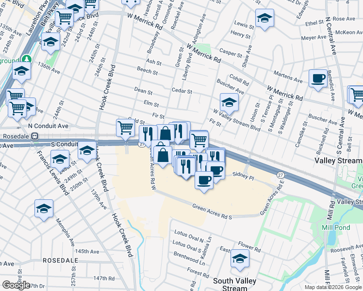 map of restaurants, bars, coffee shops, grocery stores, and more near 600 West Sunrise Highway in Valley Stream