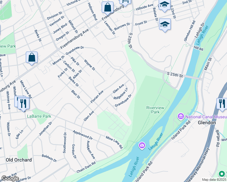 map of restaurants, bars, coffee shops, grocery stores, and more near 3137 Glen Avenue in Easton