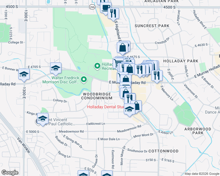 map of restaurants, bars, coffee shops, grocery stores, and more near 4828 Brooks Way in Holladay