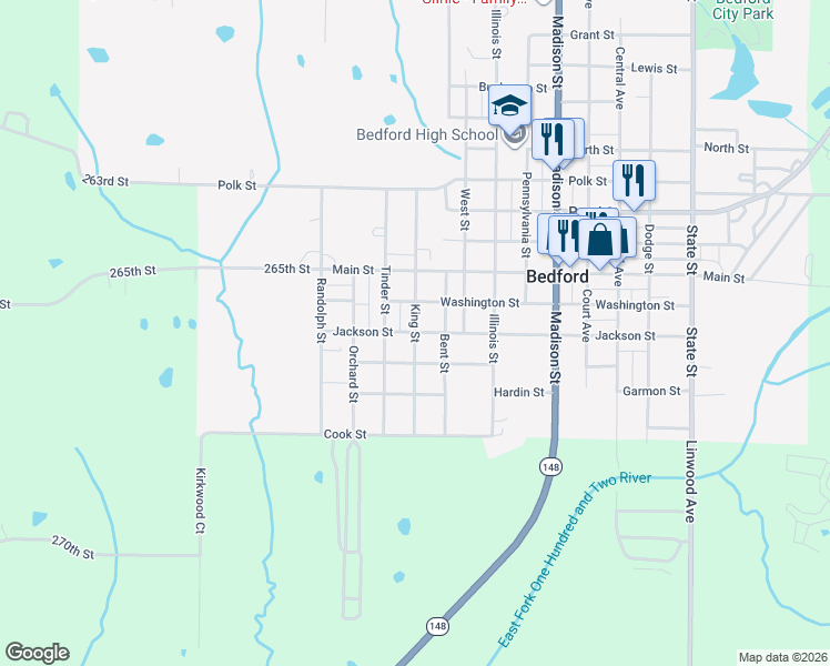 map of restaurants, bars, coffee shops, grocery stores, and more near 399 King St in Bedford