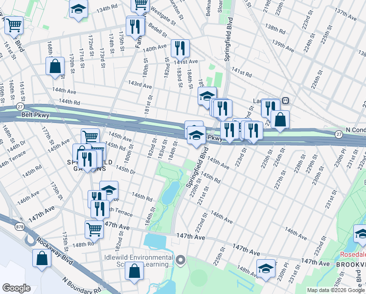 map of restaurants, bars, coffee shops, grocery stores, and more near 184-03 145th Avenue in Queens