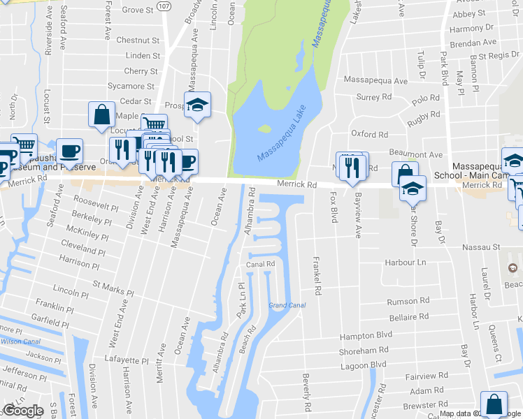 map of restaurants, bars, coffee shops, grocery stores, and more near 2 Adam Place in Massapequa