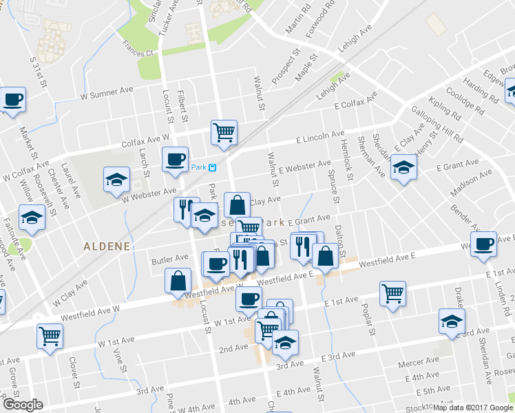 map of restaurants, bars, coffee shops, grocery stores, and more near 26 East Clay Avenue in Roselle Park
