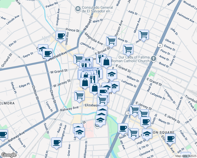 map of restaurants, bars, coffee shops, grocery stores, and more near 1135 East Jersey Street in Elizabeth