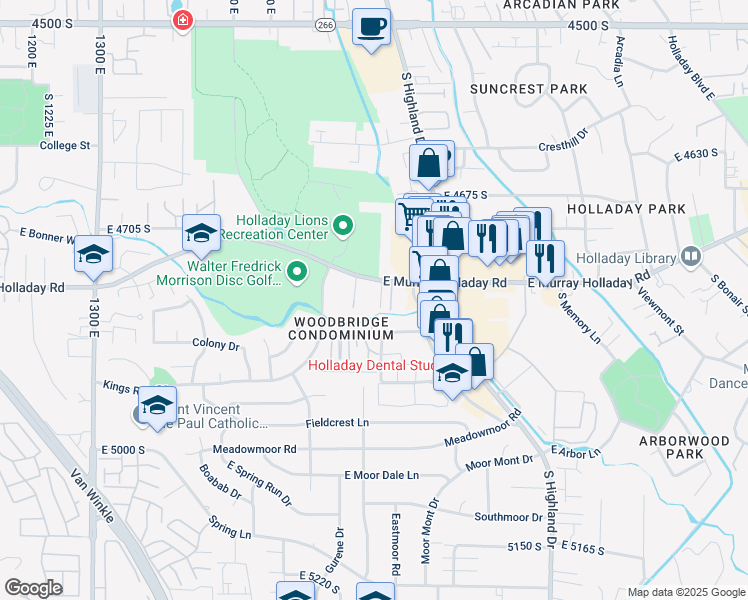map of restaurants, bars, coffee shops, grocery stores, and more near 4821 South 1740 East in Holladay