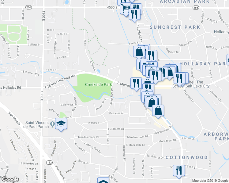 map of restaurants, bars, coffee shops, grocery stores, and more near 4811 South 1665 East in Holladay