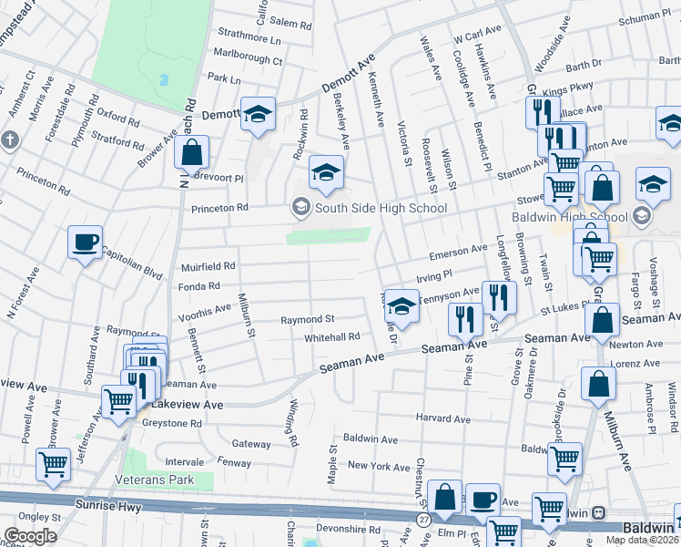 map of restaurants, bars, coffee shops, grocery stores, and more near 176 Fonda Road in Rockville Centre