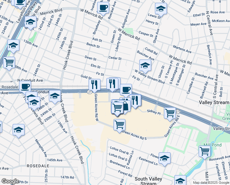 map of restaurants, bars, coffee shops, grocery stores, and more near 600 West Sunrise Highway in Valley Stream