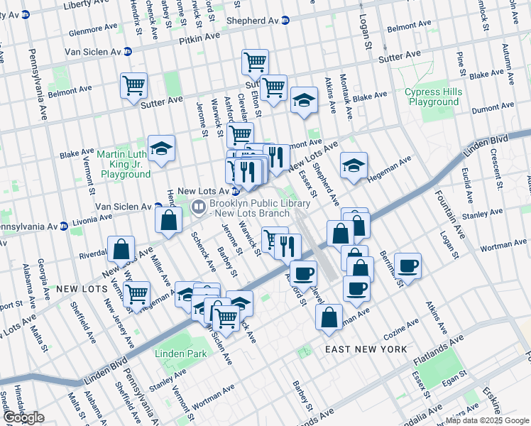 map of restaurants, bars, coffee shops, grocery stores, and more near 691 Ashford Street in Brooklyn