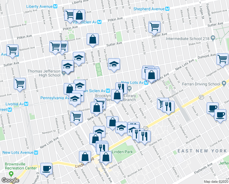 map of restaurants, bars, coffee shops, grocery stores, and more near 592 Van Siclen Avenue in Brooklyn