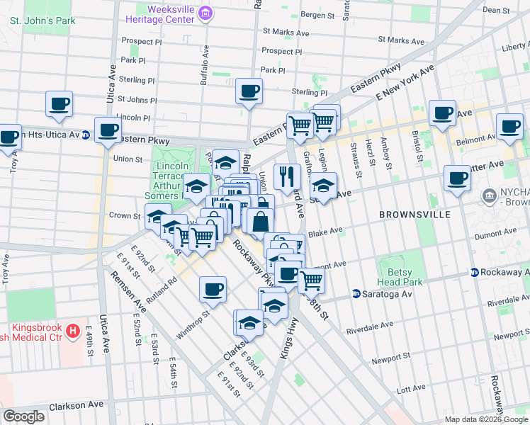 map of restaurants, bars, coffee shops, grocery stores, and more near 2100 Union Street in Brooklyn