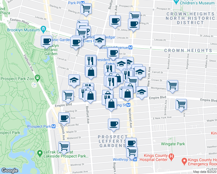 map of restaurants, bars, coffee shops, grocery stores, and more near 21 Ludlam Place in Brooklyn