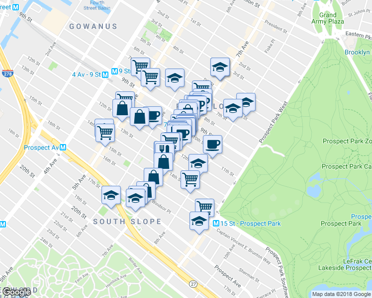 map of restaurants, bars, coffee shops, grocery stores, and more near 389 7th Avenue in Brooklyn