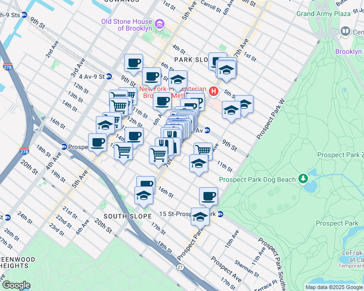 map of restaurants, bars, coffee shops, grocery stores, and more near 389 7th Avenue in Brooklyn