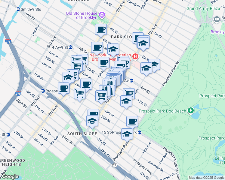 map of restaurants, bars, coffee shops, grocery stores, and more near 389 7th Avenue in Brooklyn