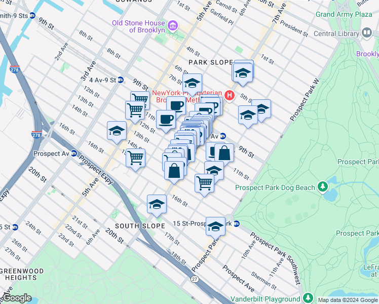 map of restaurants, bars, coffee shops, grocery stores, and more near 389 7th Avenue in Brooklyn